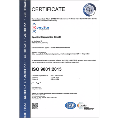 ISO 9001:2015 certificate of Xpedite Diagnostics
